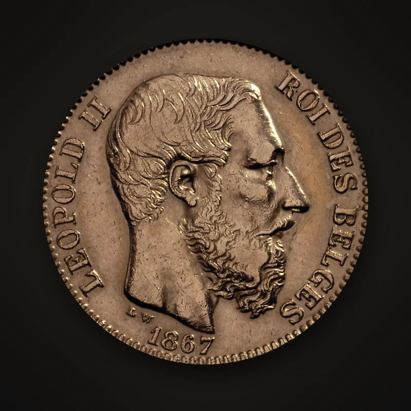 20 francs or belge de 1867, avers : tête de Léopold II à droite