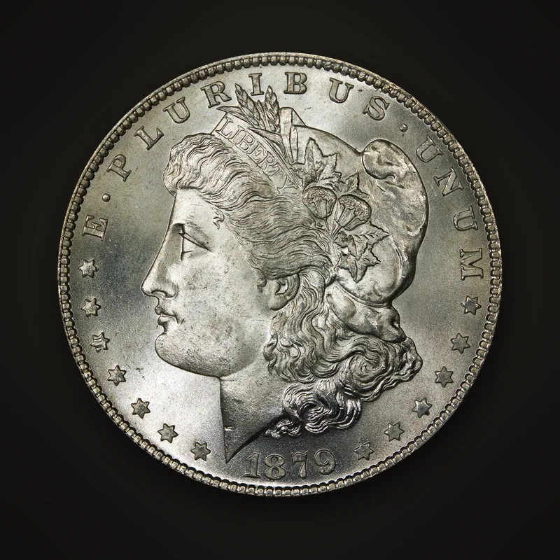 Dollar Morgan en argent de 1879 frappé à San Francisco, avers : tête de la Liberté au bonnet phrygien